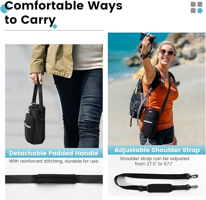 Nuovoware Water Bottle Carrier Bag, 40oz Bottle Pouch Holder, Adjustable Shoulder Hand Strap 2 Pocket Sling Neoprene Sleeve Sports Accessories for Hiking Travelling Camping, BlackCarbon