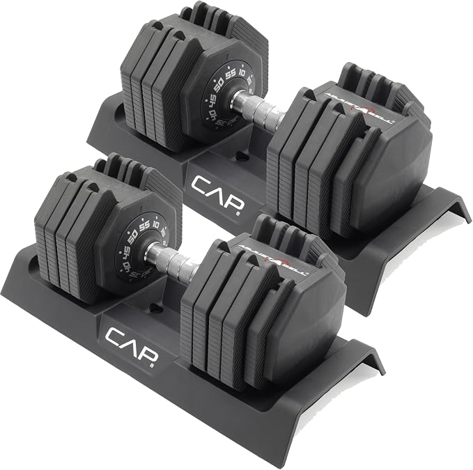 CAP ADJUSTABELL Adjustable Dumbbell Set, Premium Quick Select Adjustable Weights for Strength Training, Singles & Pairs, 12.5 LB, 25 LB & 55 LB, Round & Hex Dumbbells, Multiple Grip Handle Options