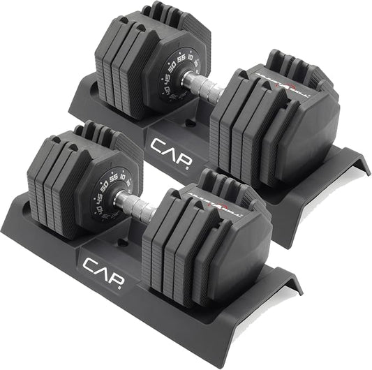 CAP ADJUSTABELL Adjustable Dumbbell Set, Premium Quick Select Adjustable Weights for Strength Training, Singles & Pairs, 12.5 LB, 25 LB & 55 LB, Round & Hex Dumbbells, Multiple Grip Handle Options