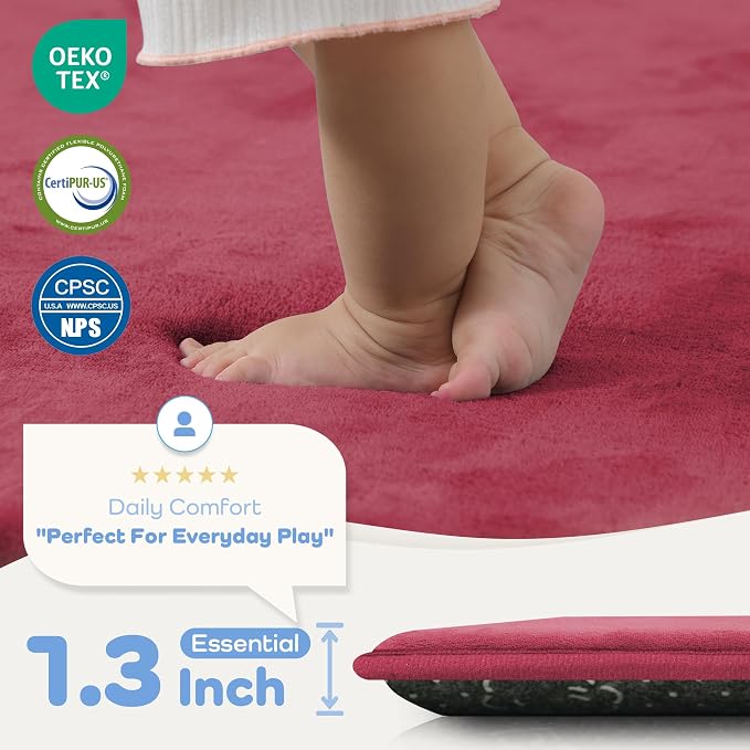 1.3" Thick Baby Play Mat for Floor, 79x79 Soft Foam Mats, Burgundy | Memory Mat for Baby to Play on Floor Waterproof Easy Care with Non-Slip Tummy Time Play Mat for Nursery Playroom Classroom