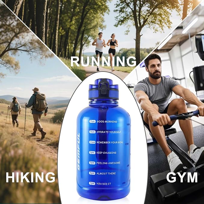 GEMFUL 2L Water Bottle with Handle 64oz Large Jug Leak-Proof (Royal Blue) | BPA-Free, 64oz Capacity, Time Marker, Chug Lid, for Gym, Fitness, Hiking, Sport, Camping, Office, Home, Wide Mouth