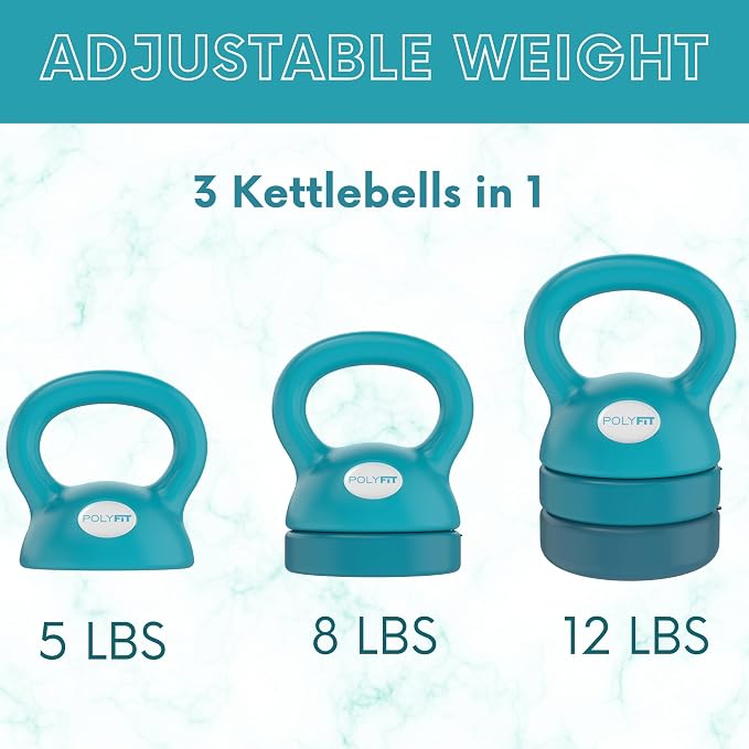 Polyfit Adjustable Kettlebell | 5 lb - 12 lb | Kettlebells Weights Set for Home Gym | Kettle Bell Sets for Women at Home | 3-in-1 adjustable design, 5/8/12 lb settings, non-slip PE coating, compact home gym storage, workout guide included