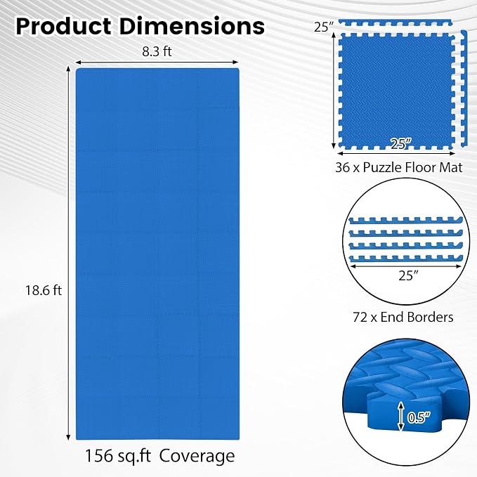 Tangkula 36 Tiles Exercise Flooring Mats with Border, Non-Slip EVA Foam Protective Mats, Elastic Puzzle Play Mats, 1/2" Interlocking Floor Mats for Home Gym, Fitness Room (Blue)