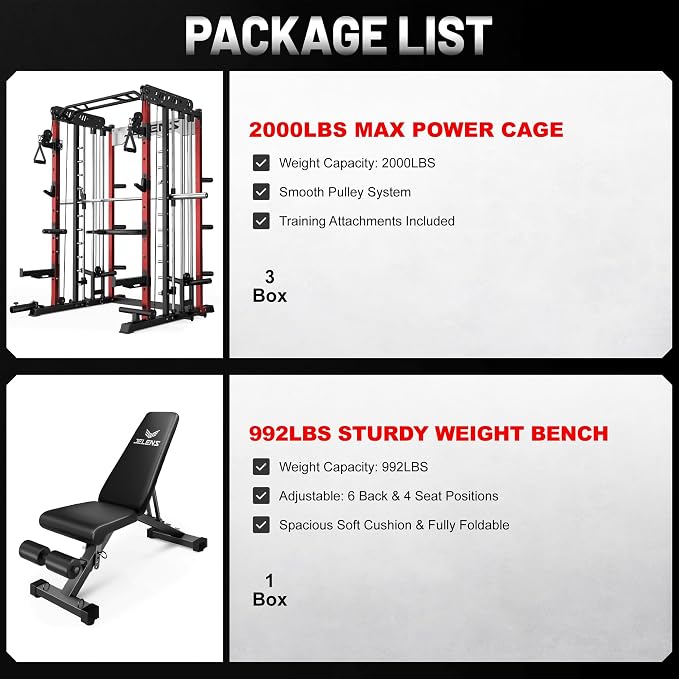 JELENS Smith Machine for Home Gym, Multi-Function M12 Power Cage with Cable Crossover System, Squat Rack with Smith Bar and More Attachment