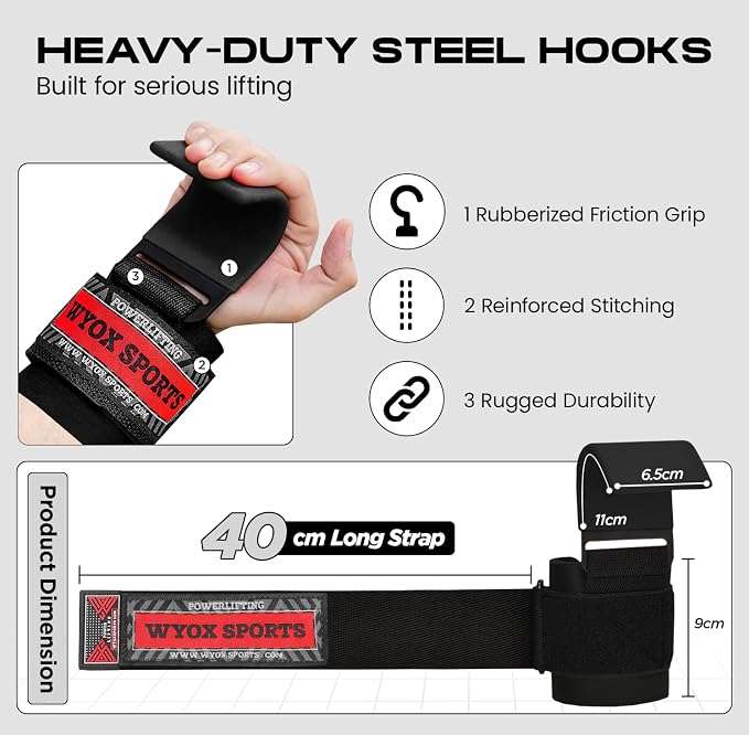 Weight Lifting Hooks for Men & Women – Heavy Duty Gym Hooks with 8mm Padded Wrist Support Grips to Lift Heavier, Reduce Grip Fatigue & Improve Performance for Deadlifts, Pull Ups & Rows, Pair of 2
