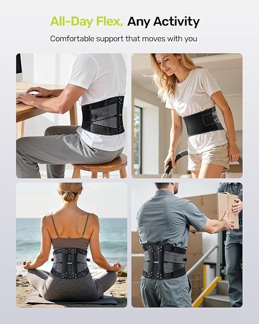 Rakiie Slim Back Brace for Lower Back Pain Relief, Lightweight & Breathable Back Support Brace for Men Women, Ergonomic Light Lumbar Support for Everyday Wear, Light Gray XXL