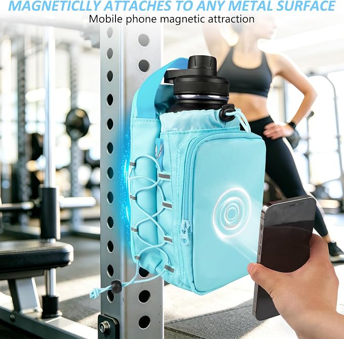 JACZZO Magnetic Gym Bag, Water Bottle Holder,Hands-Free Phone Mount,Gym Gifts for Women and Men (Blue)