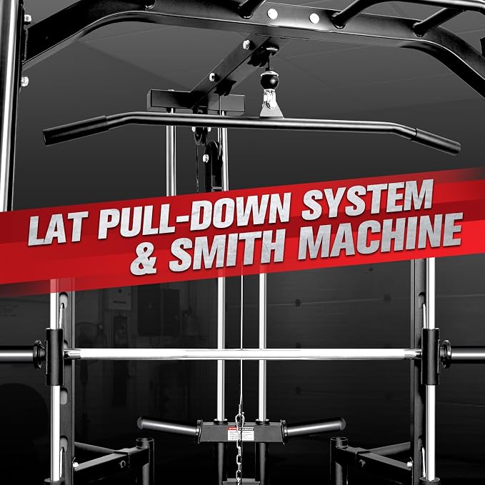 RitFit Smith Machine Power Rack with LAT-Pull Down System | Half Smith Machine with Landmine, Barbell Bar, Plate Storage Pegs and More Training Attachment