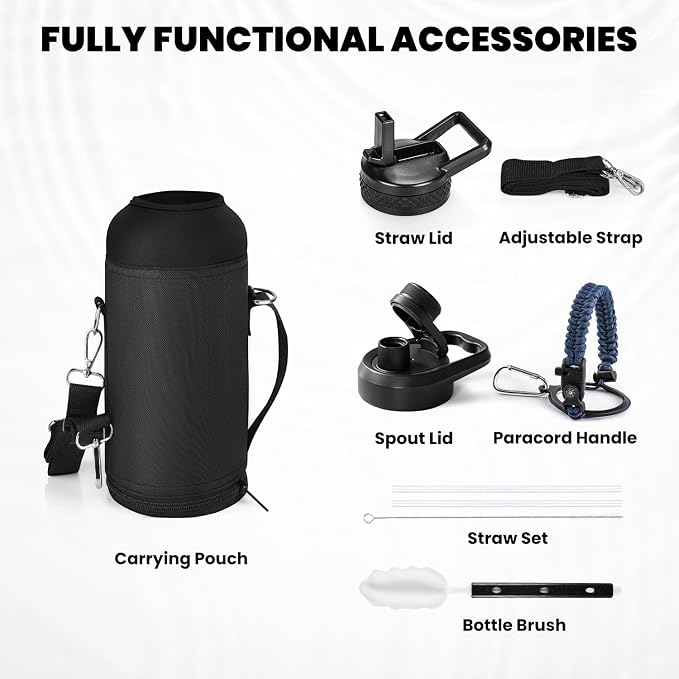 RAYMYLO Insulated Water Bottle 32 oz, Triple Wall Vacuum Stainless Steel | (Cold for 24Hrs, Hot for 12Hrs), Leak Proof & Non-BPA, Modern Water Flask Jug with Paracord Handle & Straw Spout Lids
