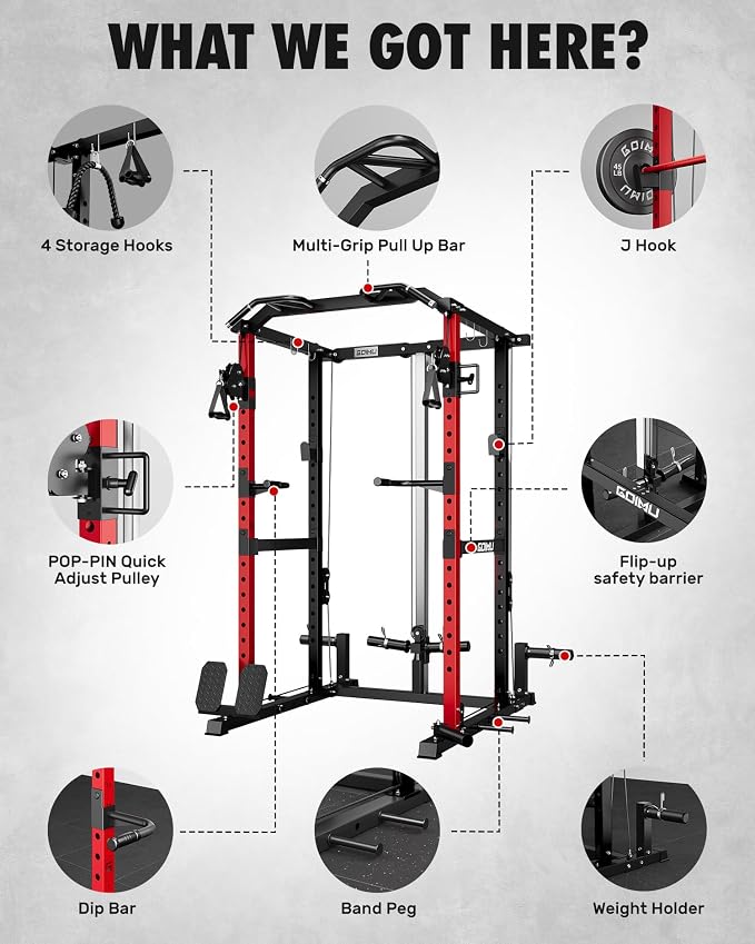 RH01 Power Cage Rack, 2000LBS Squat Rack with with Cable Crossover System&LAT Pull Down System, Multi-Function Workout Cage for Home&Garage Gym