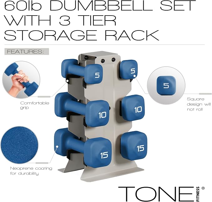 Tone Fitness Neoprene Dumbbell Set with Storage Rack – Non-Slip, Anti-Roll Hand Weights for Home Gym Workouts | 20 lb, 32 lb, 50 lb, 60 lb & 100 lb Options