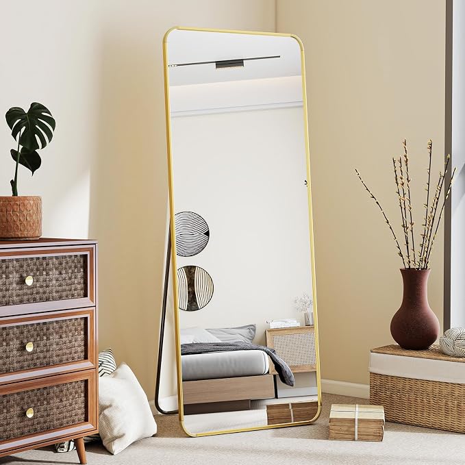 BEAUTYPEAK 56" x 21" Rounded Corner Full Length Mirror with Stand, Gold | Aluminum Alloy Frame with Standing, Leaning, or Wall-Mounted, Ideal for Bedroom, Dressing Room, Entryway, and Living Room