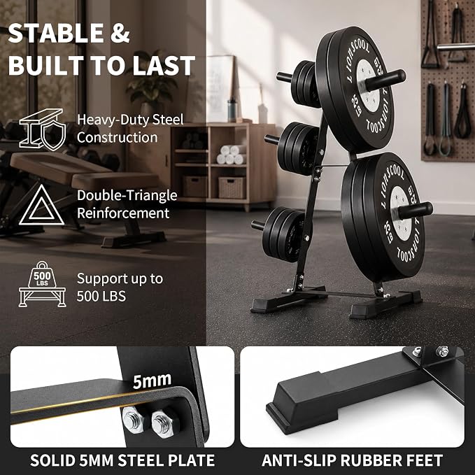 LIONSCOOL 1" & 2" Weight Plate Rack, Heavy Duty Weight Plate Tree, Olympic Weight Plate Holder with Removable Posts, Vertical Compact Weight Plate Storage Rack for Home Gym Garage Basement Fitness