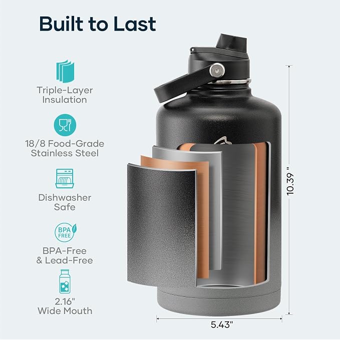 BUZIO 87oz Insulated Water Bottle Triple Wall Vacuum Stainless Steel | Half Gallon Water Jug with Straw Spout Lids (Cold for 48 Hrs/Hot for 24 Hrs), Dishwasher Safe, Leakproof, Non-BPA,for Travel