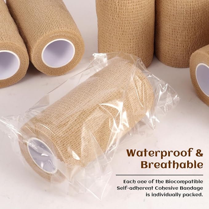 Elastic Self Adhesive Bandage Wrap 4 Inch, Breathable Non Woven Cohesive Bandage, Vet Wrap for Dogs, Ankle Sprains Swelling, Sports Athletic Tape (24 Count Brown)