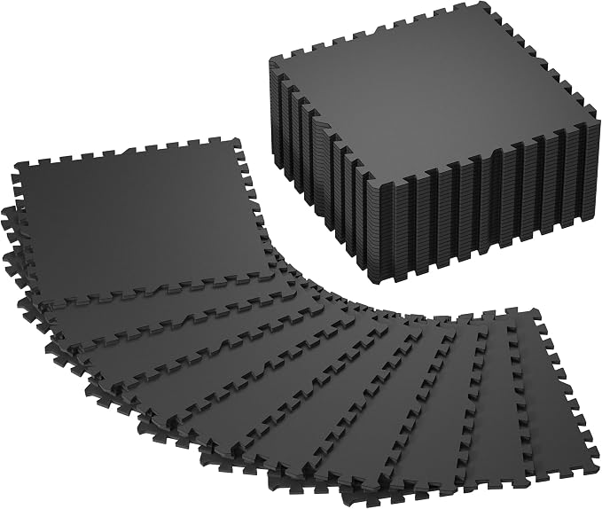 SUPERJARE 0.4'' Thick 36 Pcs 144 Sq Ft Rubber Top Exercise Equipment Mats, High Density EVA Foam Mats with Rubber Top, Interlocking Gym Flooring for Home Gym, Protective Workout Mat, Black