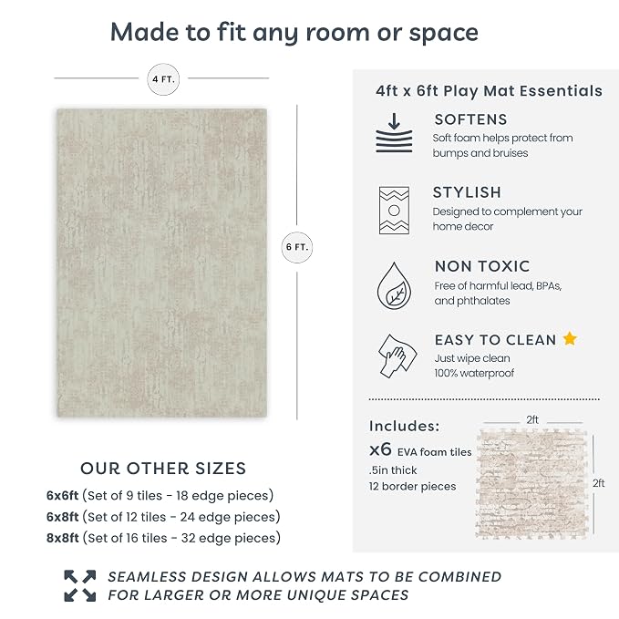 Little Landings Baby Play Mat for Floor - Sandstone (4x6ft) - Premium EVA Foam Play Mat for Babies & Toddlers (Ages 0-5+) Non-Toxic Playmat for Tummy Time, Crawling & Playroom - Stylish & Comfortable