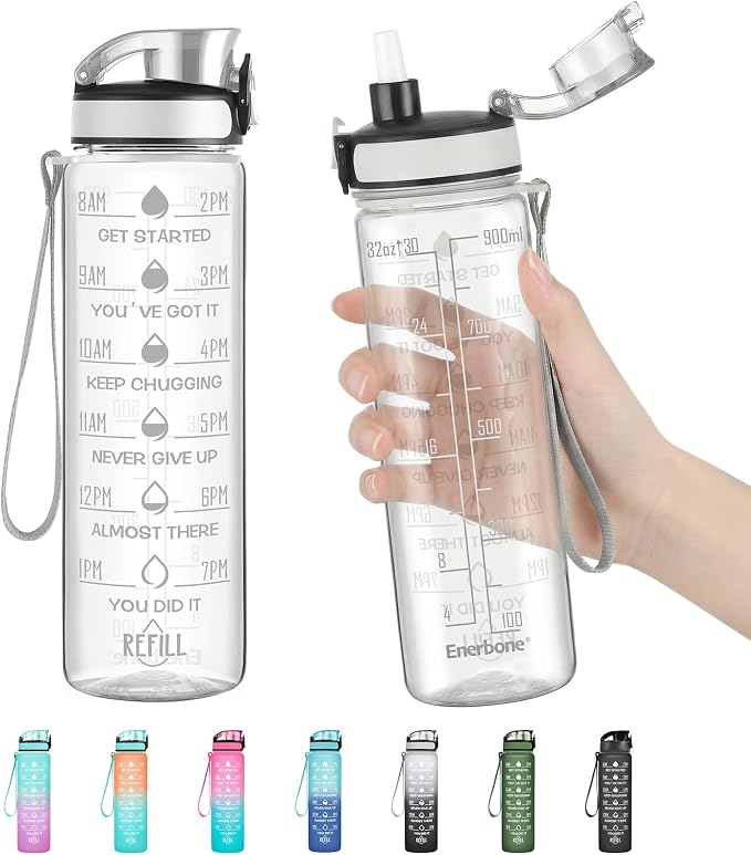 Enerbone Water Bottle, Leakproof BPA & Toxic Free, Motivational Water Bottle with Times to Drink and Straw, Fitness Sports Water Bottle with Strap for Office, Gym, Outdoor Sports