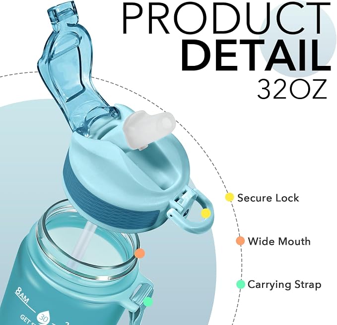 Hyeta Plastic Water Bottle With Straw & Time Marker, 32oz Leakproof Jug | Motivational Tritan BPA Free Gym Office Outdoor Intake Tracker Hourly Reminder Straw Lid Lightweight