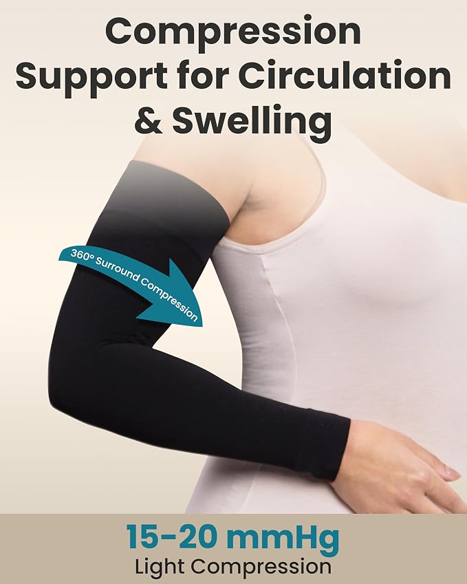 KEMFORD Lymphedema Compression Arm Sleeves for Women - 15-20 mmHg, Silicone Grip, 1 Pair, Black, 5XL - Arm Support for Swelling & Edema