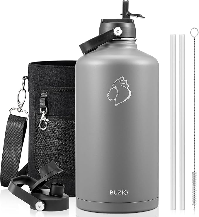 BUZIO 1 Gallon Water Bottle Insulated with Dust-proof Straw & Spout Lids | 128 oz Large Water Jug 18/8 Stainless Steel Triple Wall (Keep Cold 48Hrs/Hot 24 Hrs), Dishwasher Safe, Sweat-Proof, Black
