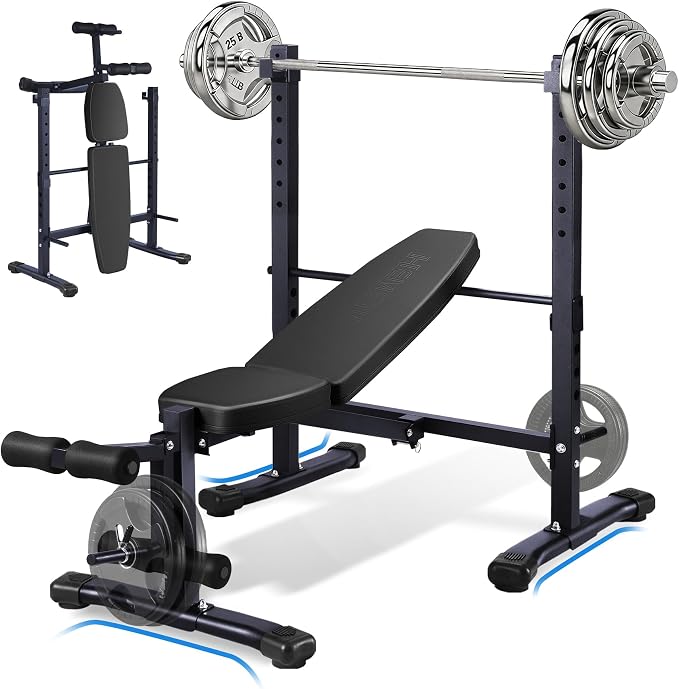 Adjustable FID Weight Bench for Home Gym | Bench press Set with 8-Level Barbell Rack, Flat/Incline/Decline Full Body weight benches for home gym