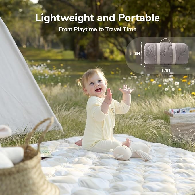 Momcozy Baby Play Mat for Floor, 50"x50" Thickened Playpen Mat | Playmate for Baby Tummy Time, Waterproof & Non-Slip, Foldable Outdoor Mat with Carrying Handle, Khaki Plaid