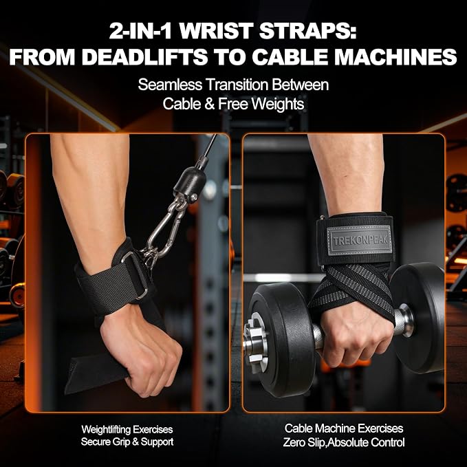2-in-1 Weight Lifting Straps with Double D Rings, Gym Wrist Straps for Men | Anti-Slip Grip Deadlift Straps for Strength Training & Cable Machines,Padded Wrist Cuffs for Powerlifting,Rows,Pull-ups