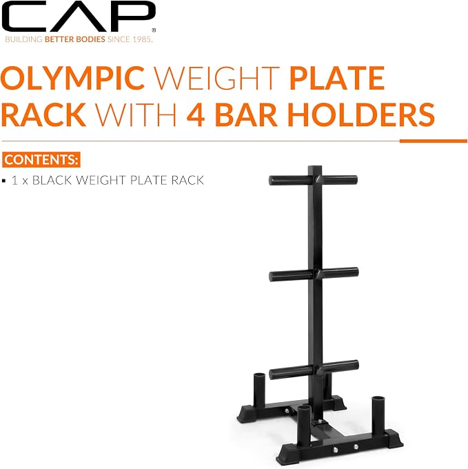CAP Olympic Bumper Plate Tree Rack with Barbell Holders, Heavy-Duty Weight Plate Storage Rack for Home Gym, Steel Olympic Plate Organizer Stand, Multiple Color & Size Options