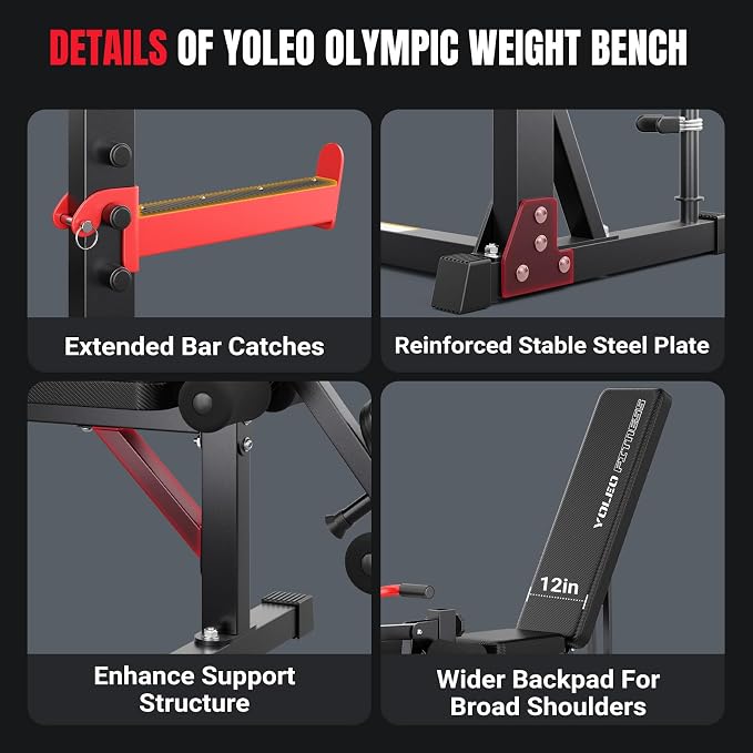 YOLEO Weight Bench with Rack - Bench Press Set, Leg Extension, Preacher Curl & Flat/Incline/Decline Full Body Workout Bench, Adjustable Olympic Weight Benches for Home Gym(47.44IN WIDE GRIP)