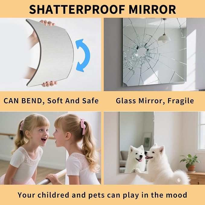 Unbreakable Kids Mirror Tiles for Wall Decor, 4 PCS 8 x 8 Inches Toddler Mirror Full Length, Stick on Classroom Small Plastic Baby Mirrors, Shatterproof Home Gym Acrylic Door Mirrors for Bedroom