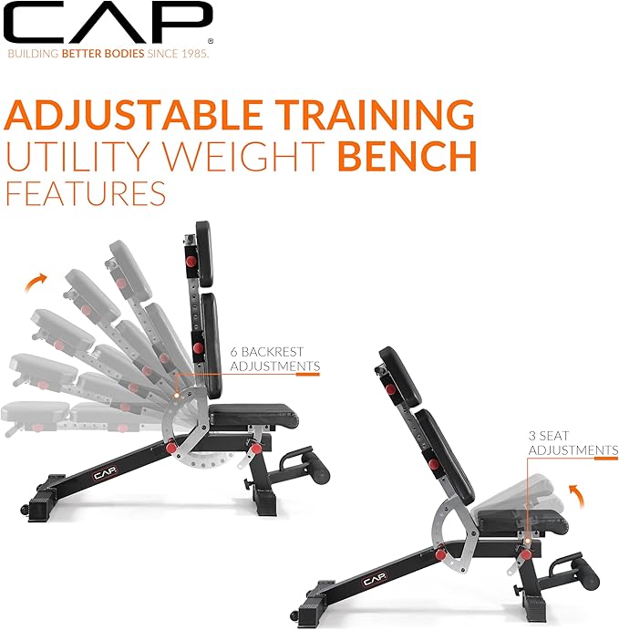 CAP Barbell Adjustable Training Utility Weight Bench | Multi-Position Incline Bench with 6 Backrest Adjustments, Leg Anchor, Wheels & 600 LB Capacity | Home Gym Strength Bench