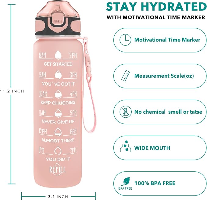 Enerbone 32 oz Water Bottle with Times to Drink and Straw, Motivational Drinking Water Bottles with Carrying Strap, Leakproof BPA & Toxic Free, Ensure You Drink Enough Water for Fitness Gym Outdoor