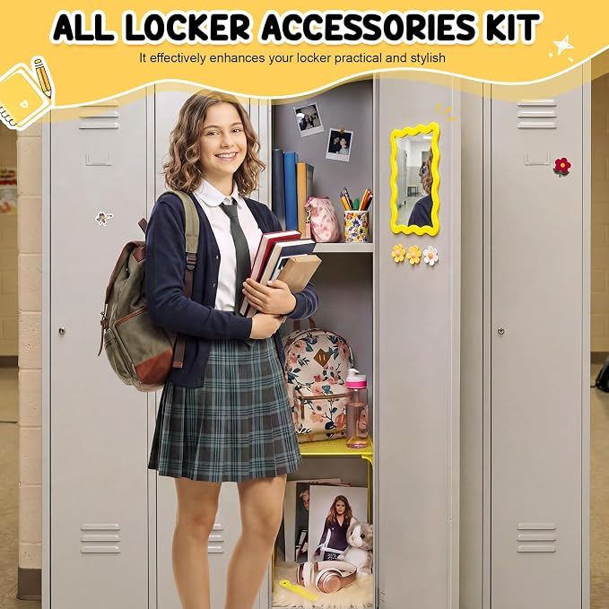 RattanView 10 Pcs Locker Accessories Kit Magnetic Acrylic Mirror Plush Rug Small Comb 6 Flower Magnet Locker Organizer for Back to School Teen Student Girl Office Work Lockers Decoration Gift(Yellow)