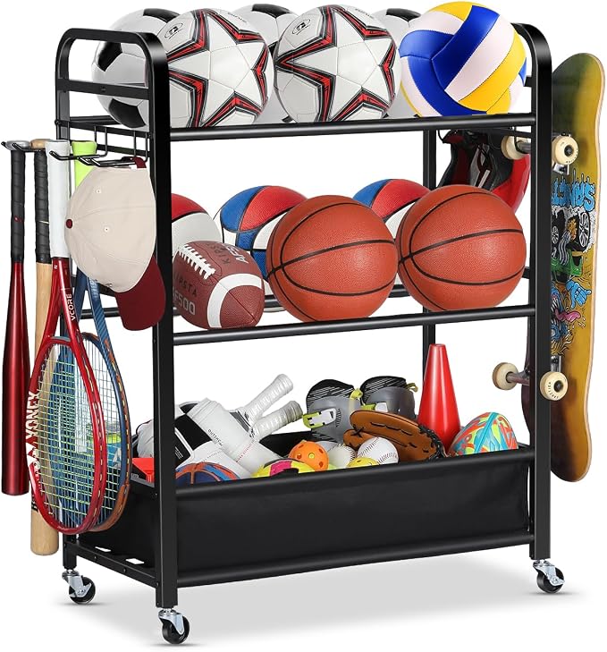 EXTCCT Basketball Rack, Rolling Basketball Shooting Training Stand,Sports Equipment Storage with Wheels, Four-Layer Organizer Holder with Two Basket for Basketballs Footballs Volleyball