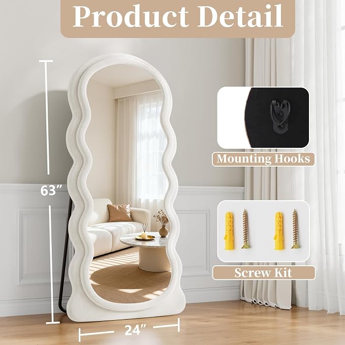 Full Length Mirror, 63"x24" Full Body Mirror with Stand | Full Body Mirror with Stand, Flannel Floor Mirrror Bedroom and Living Room, Wall Mirror Hanging or Leaning, Beige