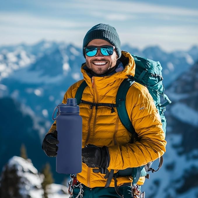 32 oz Insulated Metal Mens Water Bottle | Navy,Stainless Steel, 1 Liter, Leakproof, 2 Lids, Large Sports Water Bottle for Gym,Hiking