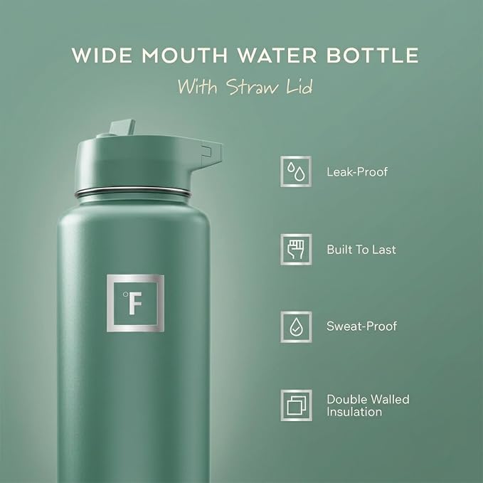 IRON °FLASK 40 oz Wide Mouth Water Bottle with Straw | Insulated Stainless Steel Sports Water Bottle with Leakproof Straw Lid - BPA Free, Cold 24 Hrs, Sweat Free (Sage)