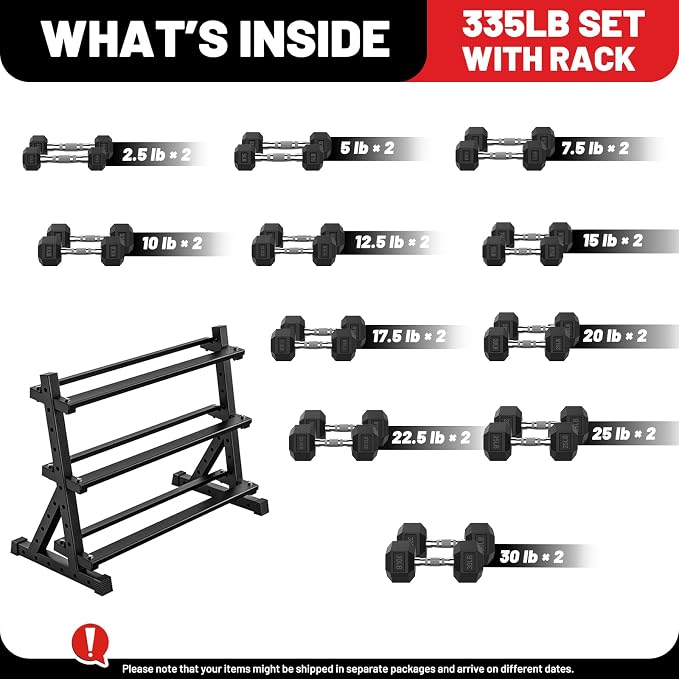 PAPABABE Dumbbell Set with Rack Dumbbells Rubber Encased Home Gym | PAPABABE Complete & Durable Cast Iron Core Odorless PVC Antiroll Hex Shape Ergonomic Chrome Handle Versatile Home Gym