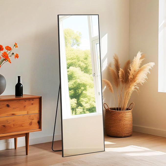 NEWBULIG Full Length Mirror, 59"x16" Full Body Standing Mirror, Black | Leaning or Standing, Tempered Glass, Aluminum Alloy Thin Frame Floor Stand for Bedroom, Cloakroom