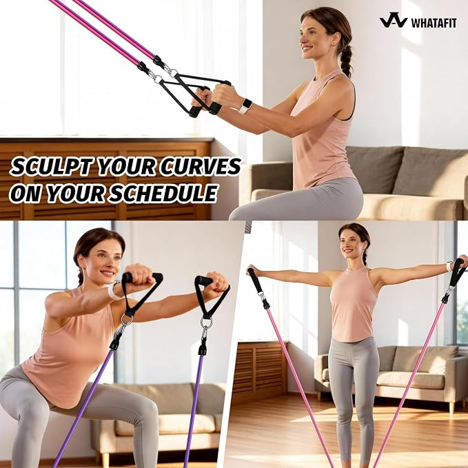 WHATAFIT Resistance Bands with Handles, 5-Level Exercise Bands for Workout | Natural latex,10-50 lbs, stackable to 150,Ankle Straps, Door Anchor,Guide. For Strength, Yoga,Home Gym,Travel & Workout.