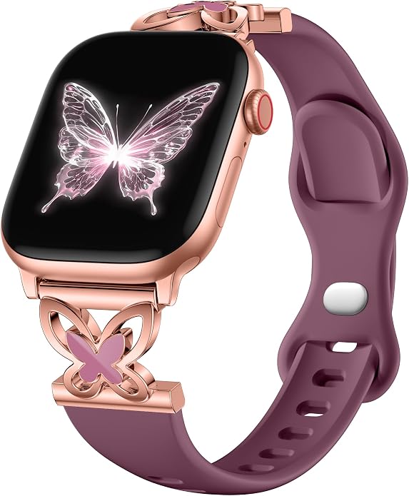 Lerobo Slim Silicone Band Compatible with Apple Watch Bands for Women | Dressy Metal Butterfly 16mm Thin Strap for iWatch Series 11 10 9 8 7 6 5 4 SE Ultra 38mm 40mm 41mm 42mm 44mm 45mm 46mm 49mm