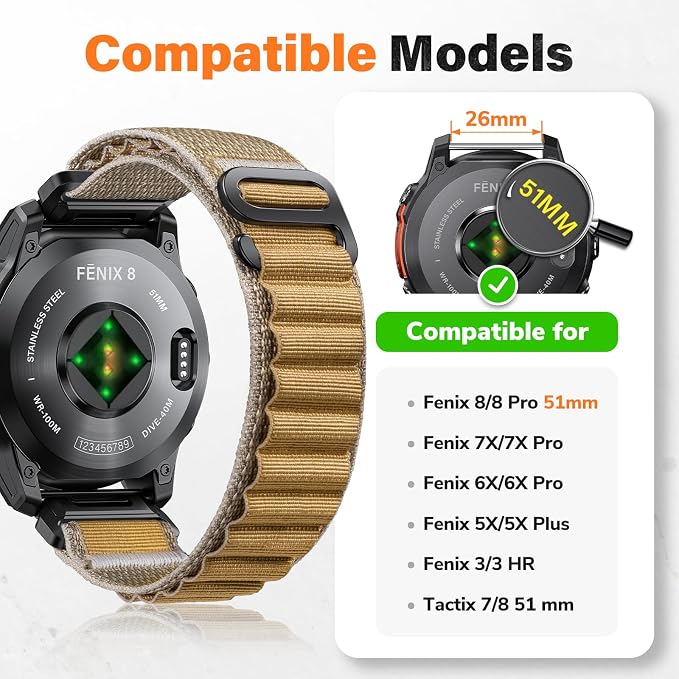 Alpine Loop Nylon Watch Band Compatible with Garmin Fenix 5X / 6X / 7X / 8 51mm, Quickfit 26mm Rugged Watch Bands for Garmin Fenix 8 Pro 51mm / 7X Pro / 6X Pro / 5X Plus, for Fenix 3, Tactix Delta