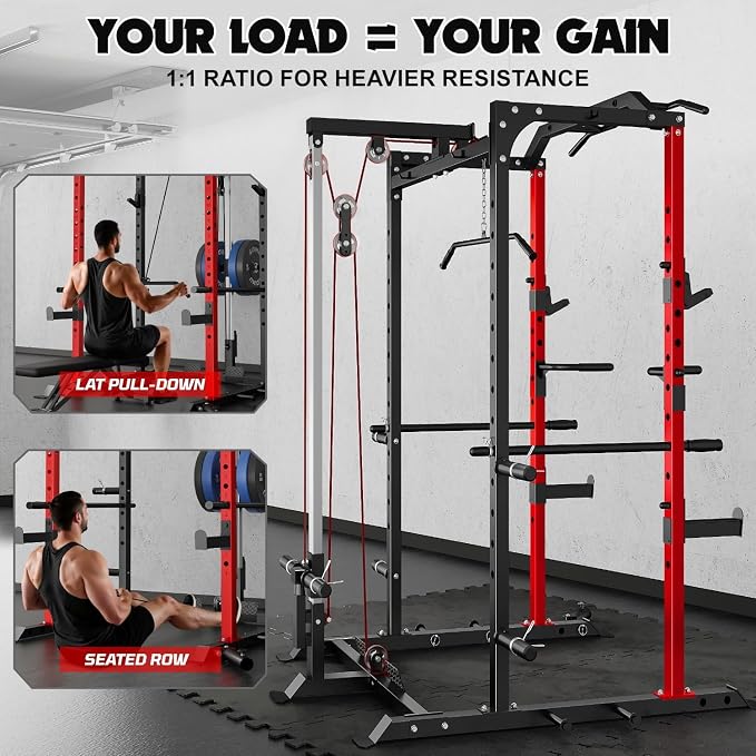C1-V4 Power Cage, 2000LBS Squat Rack with LAT Pulldown, Multi-Function Weight Cage Strength Training Machine, Workout Cage with More Attachments for Home Gym Garage