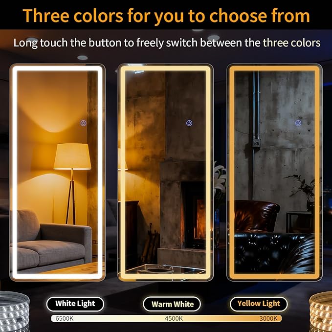 Led Mirror Full Length 26 x 65 in Dimming & 3 Color Lighting | Tempered Glass Full Body Mirrors Standing Leaning or Hanging Full Length Mirrors Lights for Bedroom Dressing Room Rect