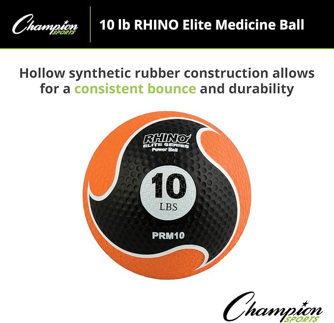 Champion Sports Rhino Elite Medicine Ball – Textured Surface, Superior Grip, Hollow Synthetic Rubber for Consistent Bounce & Durability, Multiple Weights & Colors - Optional Rebounder Sold Separately