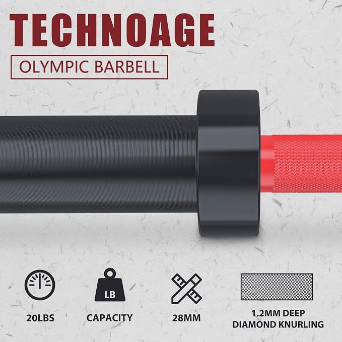 TECHNOAGE 7FT Heat-Treated Alloy Steel Olympic Barbell, 1500LB | 45LB bar with 28mm knurled grip, needle bearings, hard chrome finish, and 2-inch plate fit