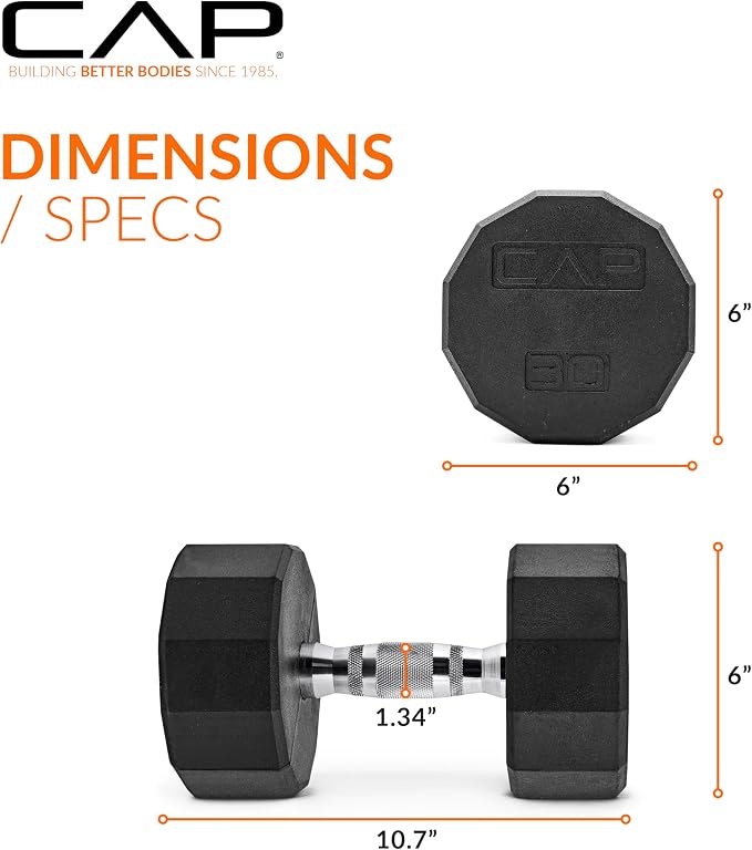 CAP Rubber Coated Dumbbell Weights, Free Weights for Home Gym Strength Training, Anti-Roll Hex Dumbbells with Black, Chrome & Comfort Grip Handles, Pairs & Sets