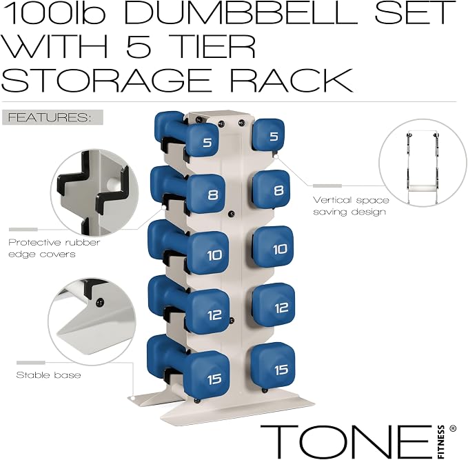 Tone Fitness Neoprene Dumbbell Set with Storage Rack – Non-Slip, Anti-Roll Hand Weights for Home Gym Workouts | 20 lb, 32 lb, 50 lb, 60 lb & 100 lb Options