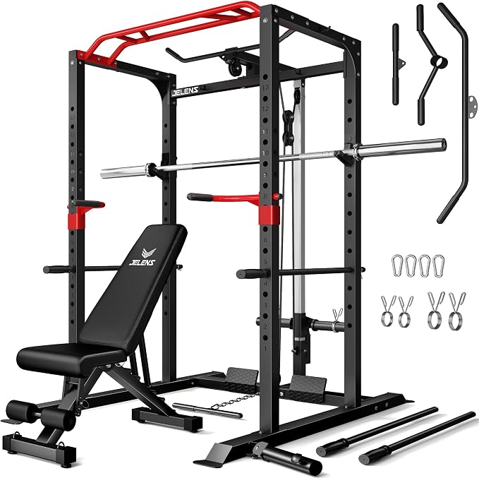 JELENS S11 Power Cage, 2000LB Multi-Function Power Rack with LAT Pulldown, Squat Rack with Adjustable Pulley System and Training Attachments, Weight Rack for Home Gym